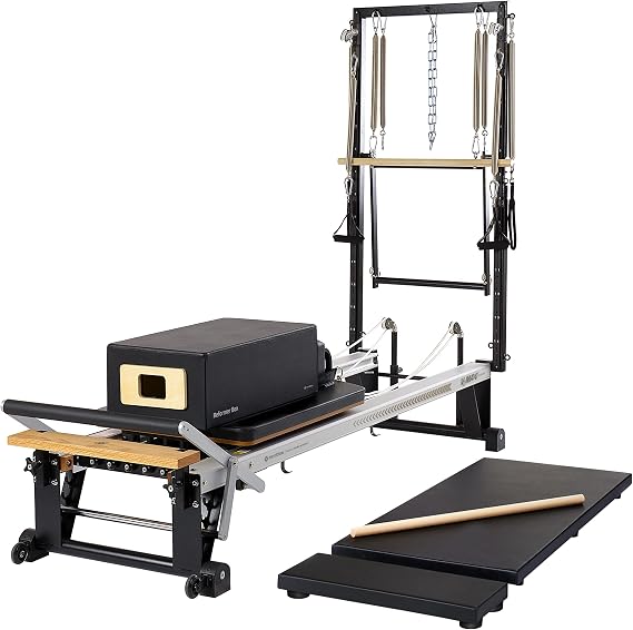 MerrithewTM V2 Max PlusTM Reformer Bundle with Mat Converter, Reformer Box, Footstrap, Padded Platform Extender & Maple Roll-Up Pole - Professional Pilates Equipment