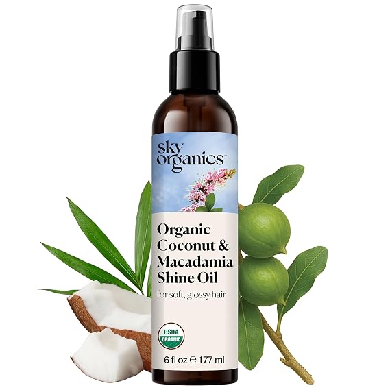 Sky Organics - Organic Coconut & Macadamia Shine Oil (6 fl oz/177 mL) Soft, Glossy, Hydrating Hair Oil - Organic Lavender, Sunflower, Jojoba - Vegan, Cruelty Free, Hair Care with eBook