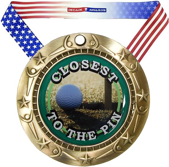 Decade Awards Golf Medal, Closest to the Pin - Gold, Silver or Bronze | Engraved Golf Medal, World Class with Stars & Stripes Ribbon - 3 Inch Wide- Customize Now