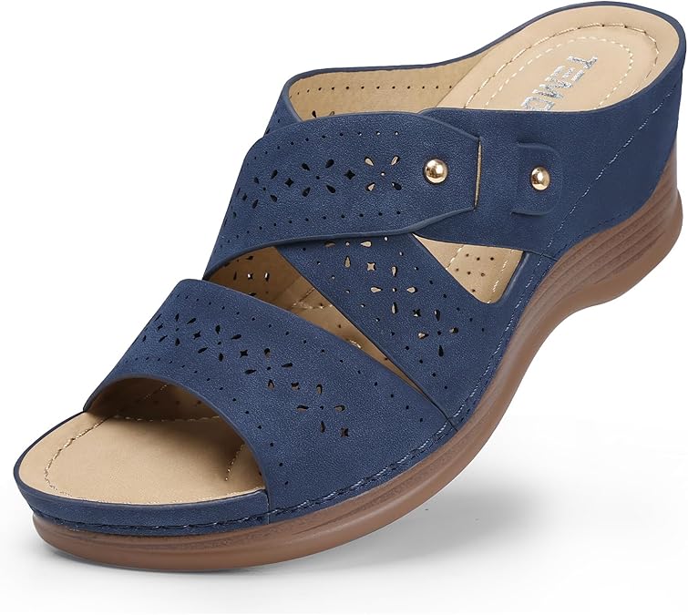 TEMOFON Wedge Sandals for Women Summer: Dressy Low Heel Sandals BlackNavyWhite, Comfortable Walking, Arch support, Casual Slip on Summer Shoes, Size 5-11