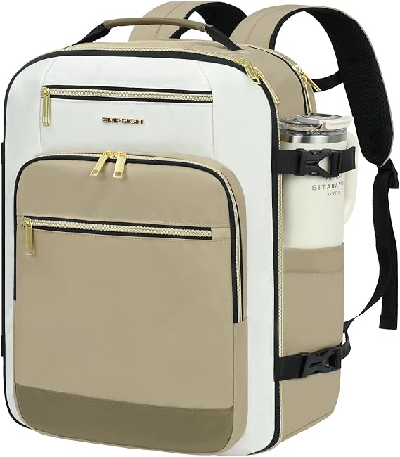 EMPSIGN 40L Travel Backpack for Women & Men, Airline Approved Carry On Backpack, TSA Personal Item Bag Waterproof, Overnight Weekender Essentials Backpacks for Business fits 17 Laptop, Khaki