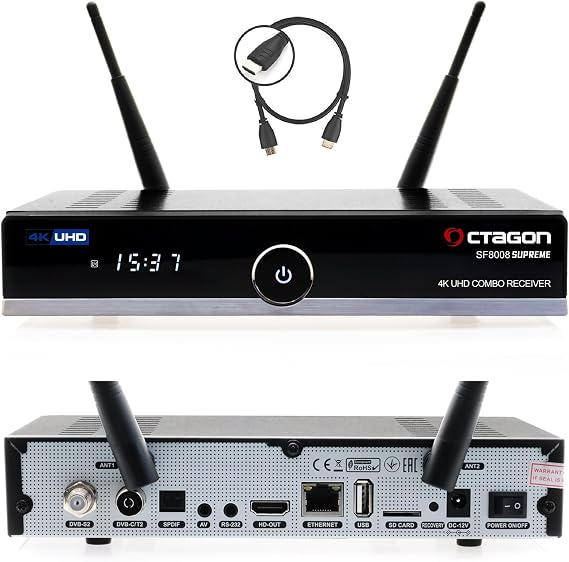 Octagon SF8008 UHD 4K Supreme Combo + 1TB Hard Drive Internal Satellite Cable & DVB-T2 Receiver E2 Linux & Define OS with Recording Function M.2 M Key Gigabit LAN Card Reader Sat to IP WiFi