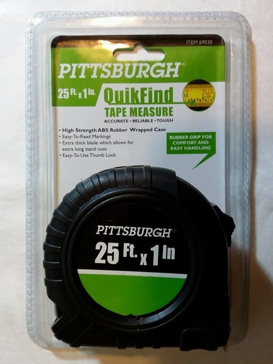 Pittsburgh QuikFind Tape Measure ~ 25 Foot by 1 Inch, Easy to Read, High Strength ABS Rubber Wrapped Case (Black with Orange Trim)