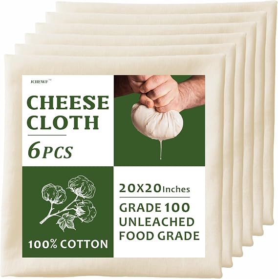 6 PCS Cheesecloth, 20x20 Inch Grade 100, 100% Unbleached Cotton Reusable Hemmed Cheese Cloths for Straining, Nut Milk, Baking & Cheese Making