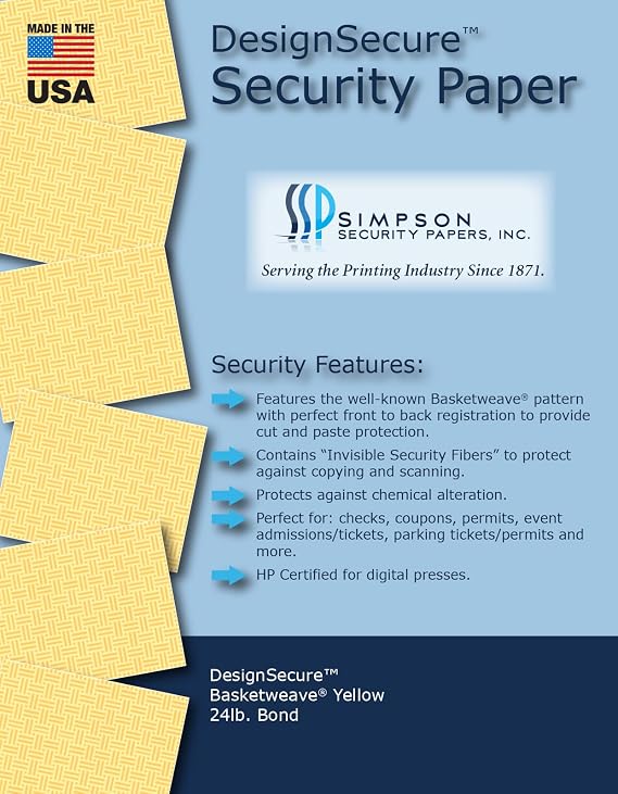11 x 17 Simpson Security Papers DesignSecure Basketweave Yellow 24# Security Paper, 500 Sheets