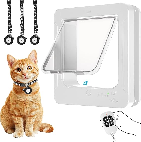 Smart Cat Door, Microchip Cat Door witmote Control, 4 Way Locking Cat Flap with RFID Collar Activated Automatic Opening CatDoor