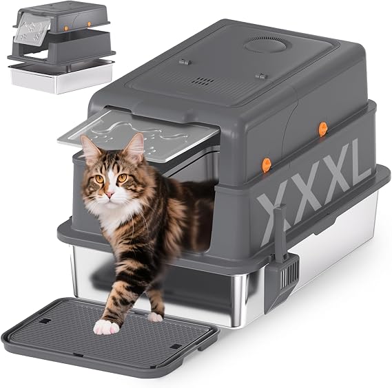 Homegroove L Stainless Steel Litter Box with Lid, 28''x20''x18'' Extra Large Cat Litter Box with Litter Scoop & Pedal, Enclosed Metal Cat Litter Pan for Large & Multi-Cats, Anti-Leakage (Grey)
