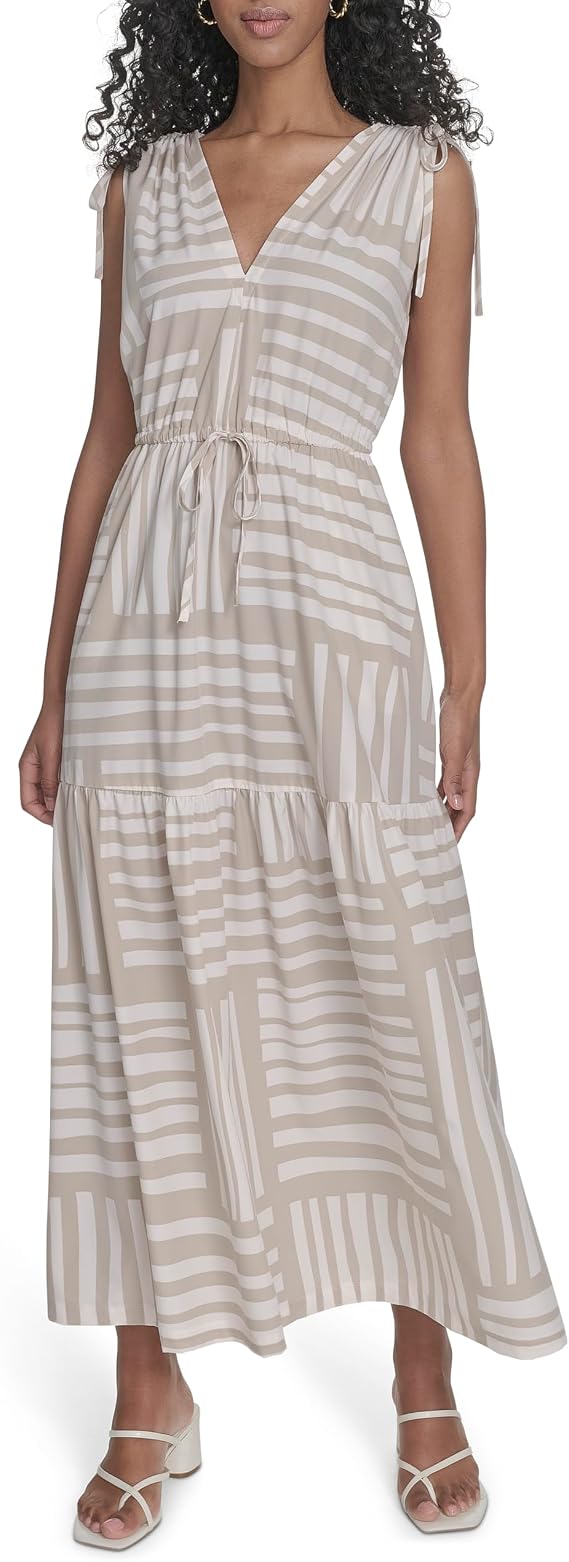 Calvin Klein Women's Sleeveless Tie Shoulder V-Neck Tiered Maxi Dress