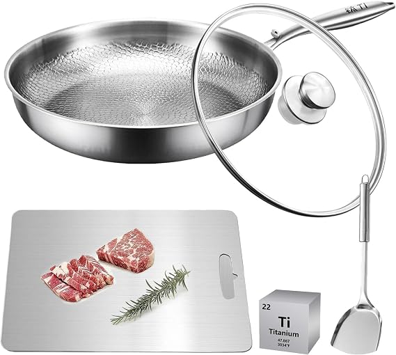 100% Pure Titanium Pan, Titanium Hammered Pan Pro With TItanium Cutting Board, Non Stick Multifunctional Pots and Pans Set for Camping, Backpacking, Kitchen (with Cutting Board, 10.23in)