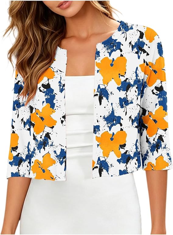 Cropped Cardigan for Women 3/4 Sleeve Open Front Cargidans Dressy Casual Lightweight Cardigan Summer Crop Outfits