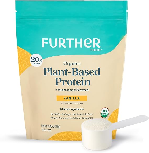 Further Food Organic Vegan Protein Powder Vanilla 20g Pea Protein with Mushrooms & Seaweed, Non-GMO, Gluten Free, Sugar Free, 20.46 Oz