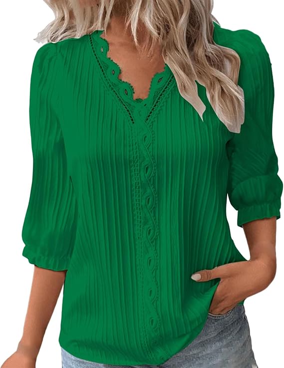 Women Blouses 3/4 Length Sleeve Womens Tops Eyelet Tops for Women Summer Trendy 2025 V Neck Lace Shirts Dressy Casual Blouses Fall Fashion Clothing Green Blusas De Verano para Mujer 2025 3XL