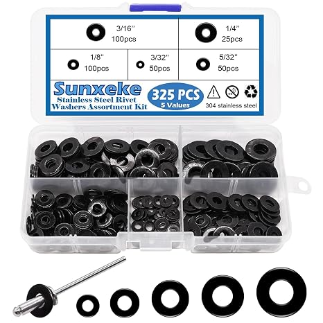 325pcs Stainless Steel Washers Black for Blind Pop Rivets Assortment Kit, Backup Rivet Washers Diameter 3/32 inch 1/8 inch 5/32 inch 3/16 inch 1/4 inch