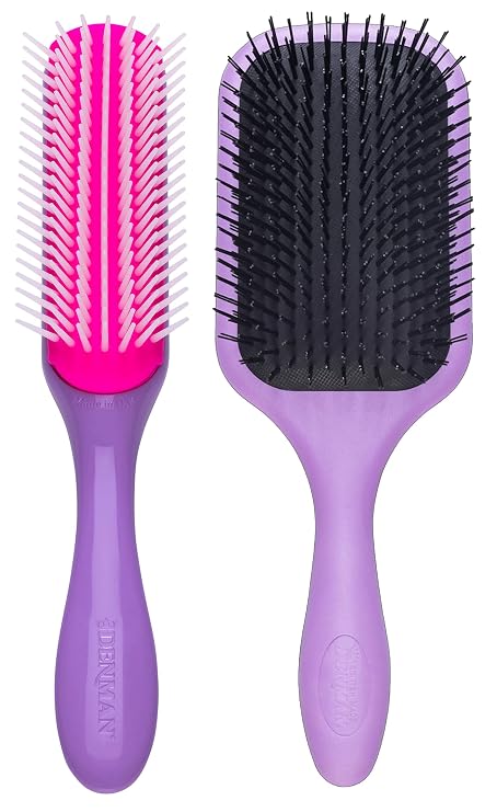 Denman 7 Row Violet Styling Brush & Violet Paddle Paddle Hair Brush Set - Ultimate Detangling, Blow-Drying & Styling Combo for All Hair Types (D3, D90L)