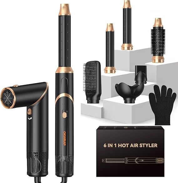 6 in 1 Air Styler & Hair Dryer Brush Set,Foldable Professional Negative Ionic Hair Styling Tools with Diffuser,Detachable Blow Dryer Brush with Auto Wrap Curlers,Hot Air Brush for All Hair Types.