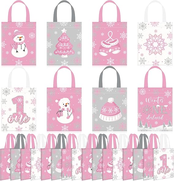 Photect 32 Pcs Winter Onederland Party Favor Bags 1st Birthday Gift,Pink