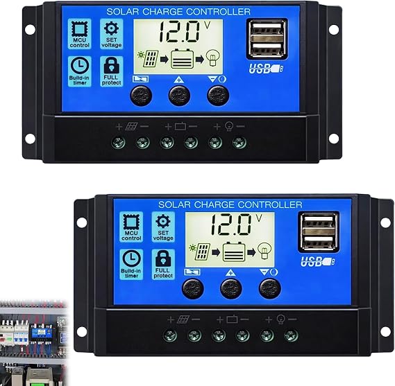 2PCS Solar Charge Controller, 12V/24V/30A Solar Panel Controller with Adjustable LCD Display PWM Auto Parameter Dual USB Port Timer Setting, Intelligent Power-Off, Environmentally Friendly