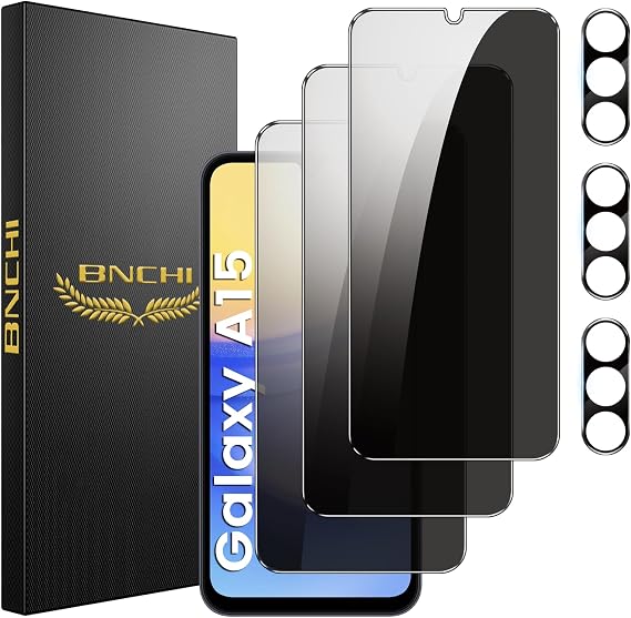 Pack of 3 for Samsung Galaxy A15 for Tempered Glass Privacy Screen and 3 Pieces Camera Protection 28° Anti-Spy Anti Fingerprint Bubble-Free 9H Full Screen Screen Protector