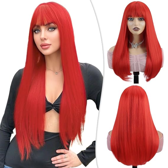 PHOCAS 22" Long Straight Red Wig with Bangs Red Cosplay Wigs for Women Halloween Costume Party - 100% Premiun Heat-Resistance Synthetic Wear and Go Glueless Wig