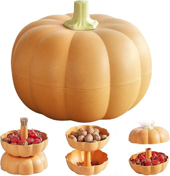 JOYO Pumpkin Snack Holder,Pumpkin Snack Bowl Stand Double Layer With 3 Divided Compartments, Pumpkin Snack Bowl with Toothpick Storage,Halloween Serving Container for Candy Snacks (1PC Orange)