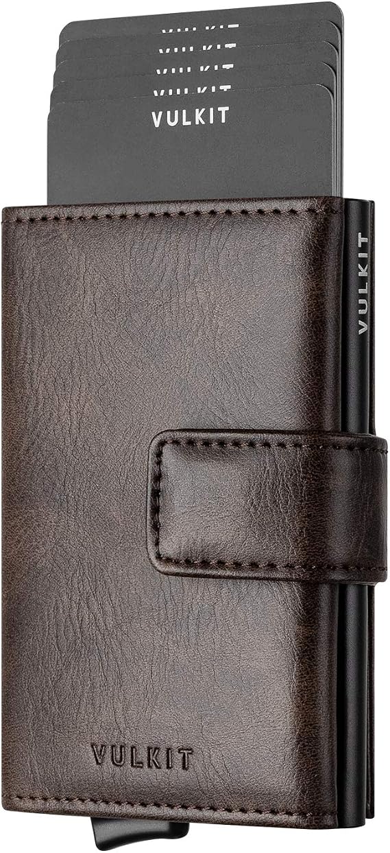 VULKIT RFID Card Wallet for Men, Slim Compact Men's Wallet, Leather RFID Blocking Credit Card Holder Wallet, Trifold Thin Metal Security Pop Up Wallet, Gift Box Packing