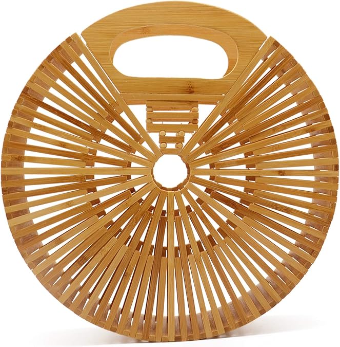Miuco Women Bamboo Top-Handle Handbags Round Straw Beach Tote Bag