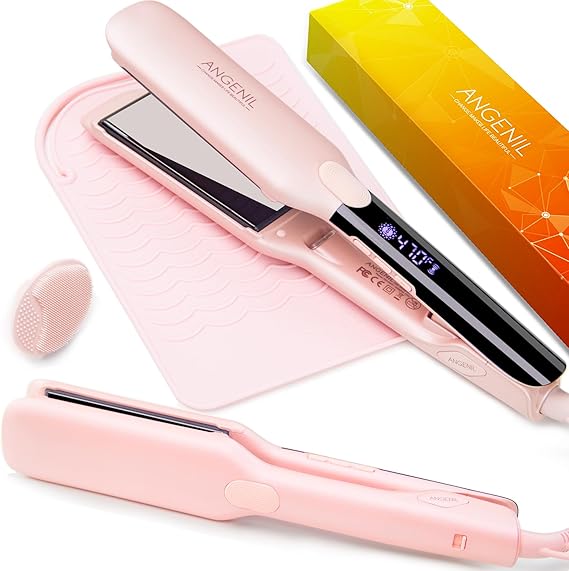 ANGENIL Pro Titanium Flat Iron Hair Straightener 4.5cm Wide, Salon Grade Dual Voltage Straightening and Curler 2-in-1 with Heat Resistant Silicone Mat, Adjustable Temp 160°C-240°C, 15s Fast Heating