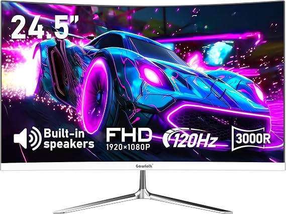 Gawfolk 24.5 in Gaming Curved Monitor, 3000R 120Hz White FHD 1080P Monitor | HDMI 2.0 VGA Wall Mount Compatible 75 * 75mm Built-in Speakers