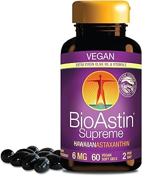 Nutrex Hawaii BioAstin Supreme - 6 mg, 60 Vegan Softgels - Powerful Combo of Hawaiian Astaxanthin & Olive Oil - Antioxidants for Skin Health & Sun Support - Astaxanthin Grown in Kona, Hawaii