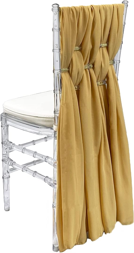 YOUR CHAIR COVERS - 5 Pack 6 Ft Gold Chiffon Chiavari Chair Sashes for Weddings, Events, Hotels and Catering Services