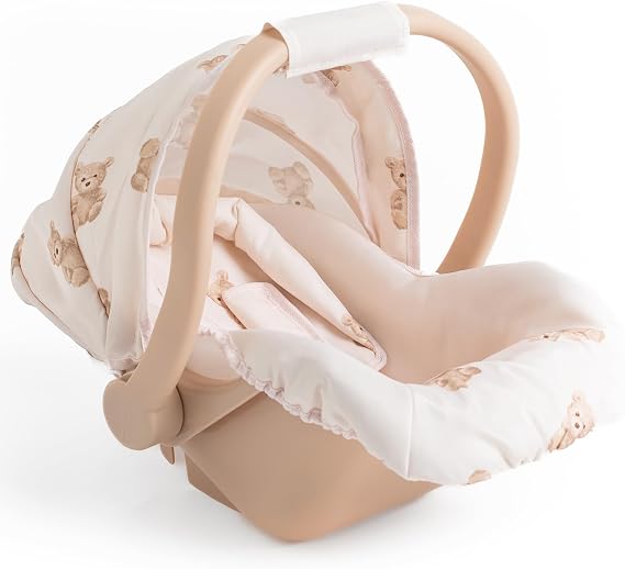Roma Prams: Teddy Doll Car Seat - Beige-Cream-Bear, Carrier Travel Accessory, Adjustable Canopy & Handle, Roleplay Toy for Dolls Up to 16.5", Kids 3+