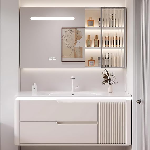 44in Modern Cream Bathroom Cabinet Dresser Set - Bathroom Vanitity with Sink, Tall Bathroom Storage Cabinet wiht 2 Drawers, Smart Defogging & Led Lighting | Floating Bathroom Vanitities