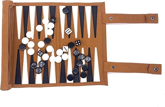 Travel Backgammon Set - Genuine Leather Backgammon Sets - Roll-Up Travel Backgammon Game -Tactical Board Game Ideas (Brown)