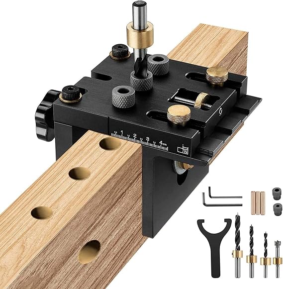 3 in 1 Self Centering Dowel Jig Kit, Adjustable Woodworking Drilling Locator Guide, Punch Locator Tool Doweling Jig, Pocket Hole Jig Kit for DIY Carpentry Projects, Fixture 6/8/10Mm Drill Bits