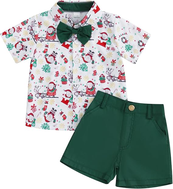 Toddler Baby Boy Christmas Outfit Button Up Short Sleeve Bowtie Shirt and Shorts Set Gentleman Outfits Suit