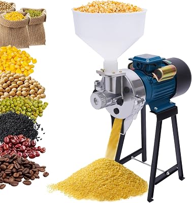 Electric Grain Mill Grinder, 2200W 110V Wet Spice Grinder, Commercial Corn Mill with Funnel, Thickness Adjustable Powder Machine, Heavy Duty Feed Flour Cereal Mill Wheat Grinders
