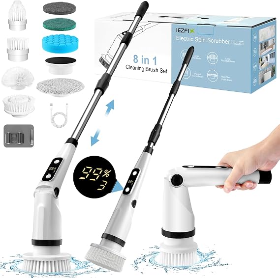 IEZFIX Electric Spin Scrubber, Bathroom Power Shower Scrubber Cleaning Brush for TubTileFloorToiletKitchen, 8 Cleaner Scrub Brush Heads, 3 Speeds 450RPM Max, Telescopic Rod Black