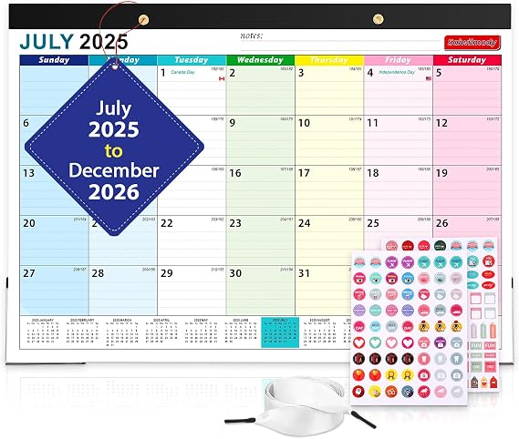 2026 Calendar with Stickers and Clear Waterproof Cover 18 Months Calendar Runs until Dec 2026, 17 x 12 inch Monthly Planner Schedule Organization, Colorful