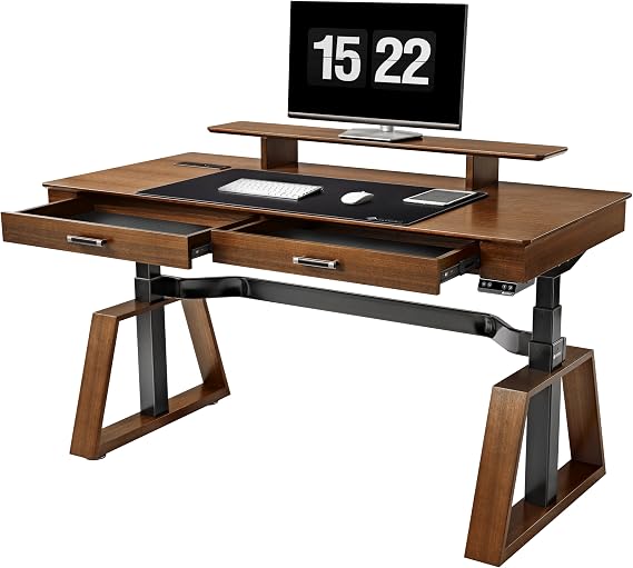 EUREKA ERGONOMIC 63" Standing Desk with Drawers, App Controlled Adjustable Desk, Executive Sit Stand Desk, Modern Home Office Computer Desk with Monitor Stand, Golden Walnut