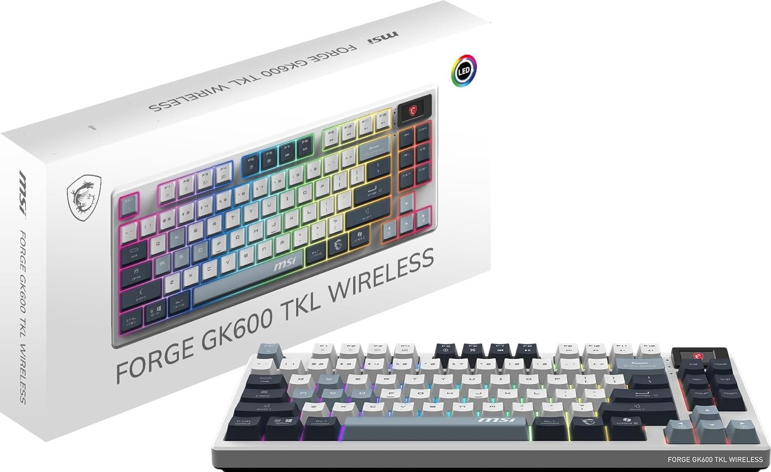 MSI FORGE GK600 TKL WIRELESS SKY - MECHANICAL LINEAR SWITCHES - Dye-Sublimated PBT Keycaps, Anti-slip Base, RGB LED, USB 2.0, Bluetooth, 2.4 GHz - Tenkeyless