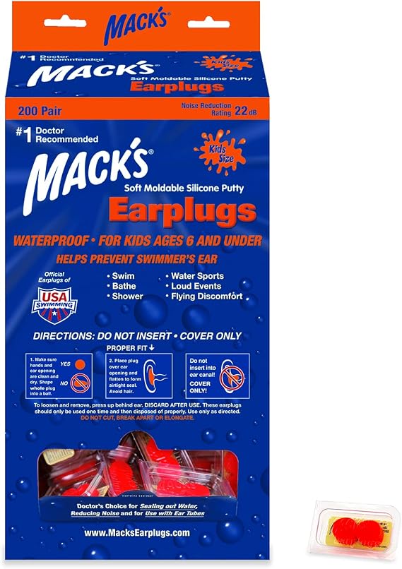 Macks Soft Moldable Silicone Putty Earplugs - Kids Size, 200 Pair Dispenser Comfortable Small Ear Plugs for Swimming, Bathing, Travel, Loud Events and Flying | Made in USA