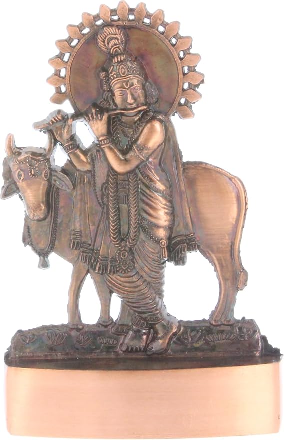 Lord Krishna Statue Murti Copper Bronze Metal Small Krishna with Flute Cow Hindu Indian God Idol for Car Dashboard Home Office Desk Mandir Temple Pooja Décor Diwali Wedding Gift
