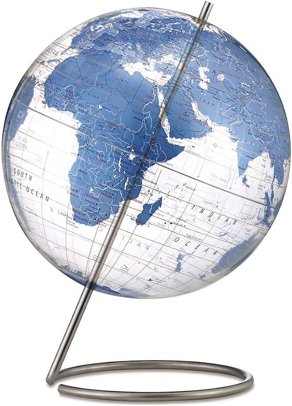 Crystall Marquise 12" Diameter Globe, USA Cartography with Blue Land Masses and Sturdy Metal Modern Base. The enduring appeal of a globe, but with a thoroughly modern, visually stunning twist. The transparent 12" globe ball is bisected by a unique stainless steel axis base.