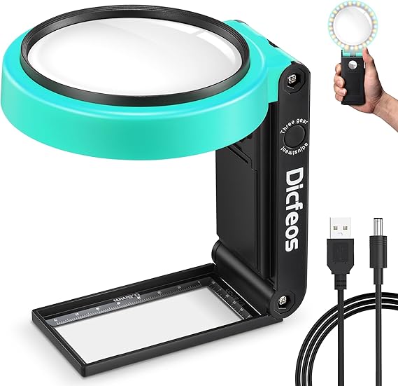 Dicfeos 30X 40X Magnifying Glass with Light and Stand, Non-Rechargeable, Folding Design 32 LED Illuminated Magnifying Glass for Close Work, Powered by Battery or USB(Green)