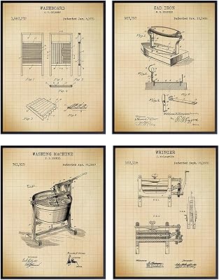 Laundry Room Patent Wall Art Prints - Set of Four 8x10 Vintage Unframed Photos - Stylish Home Decor. Makes a Perfect Easy Gift - Set of 4