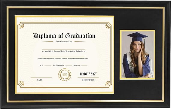 FramePro Certificate Frame with Photo for Master Diploma Holds 11x14 Document & 5x7 Picture, Real Wood with Black & Gold Double Mats, Tempered Glass 15x23.8 Outer Size
