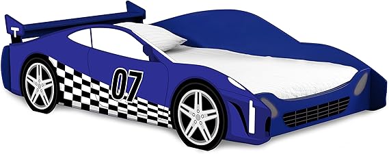 Legare Furniture Children's Race Car Standard Bed Frame for Kids, Blue and White, Twin Size