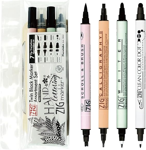 Kuretake ZIG Twin Marker BLACK 4 Assortment set for Hand Lettering, Calligraphy Art, Illustration, Journaling, Cartooning, AP- Certificated, Made in Japan