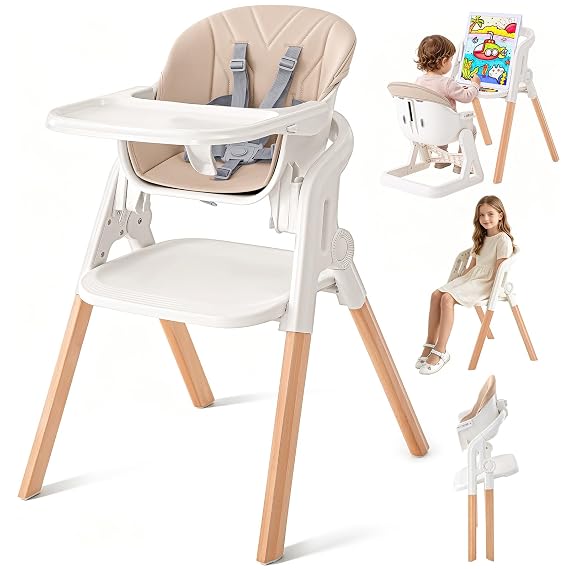 Foldable Baby High Chair, 4-in-1 Convertible Wooden Baby Highchairs (Beige)