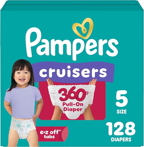 Pampers Diapers - Cruisers 360 - Size 5, 128 Count, up to 100% Leakproof Pull-On Diaper for Active Babies
